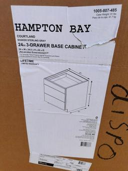 Hampton Bay Courtland Shaker Sterling Gray 24in 3-Drawer Base Cabinet, New in Box