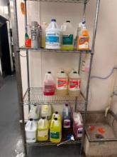 3 Shelves of Opened and Unopened Cleaners, Degreasers, Bleach, SS Cleaner, Fryer Cleaner, Dish