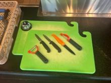 (2) San Jamar Cutting Boards (Lime Green) , Bar Fruit Knives, Bell, Peelers