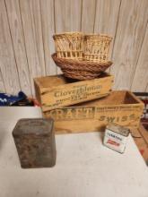 Vintage Wooden Cheese Crates & Spice Cans