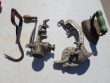 Lot of 4 Vintage Tools & Gadgets - Cherry Pitter, Iron, Hay Bale Hook & Meat Grinder