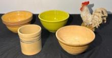 Kitchenwares, Crock Stoneware Bowls, Ceramic Chicken and Small Crock (Bauer No. 9 Bowl)