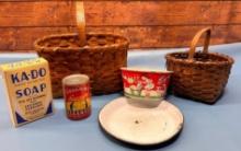 Early Wicker Baskets, Porcelain Blue Swirl Plate, KA-DO Soap Box and The Good Kind Lemonated
