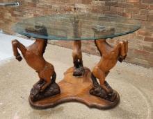Carved Wood Three Horse Dining Table w/ Glass Top 45in Diameter, 31in H