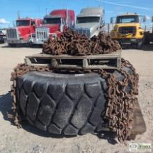 1 PALLET. LOADER TIRE AND CHAINS