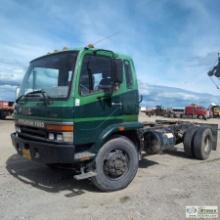 CAB & CHASSIS, 1999 MITSUBISHI FUSO FM617  7.5L DIESEL, SINGLE REAR AXLE, 25995LB GVWR, PTO, SET UP