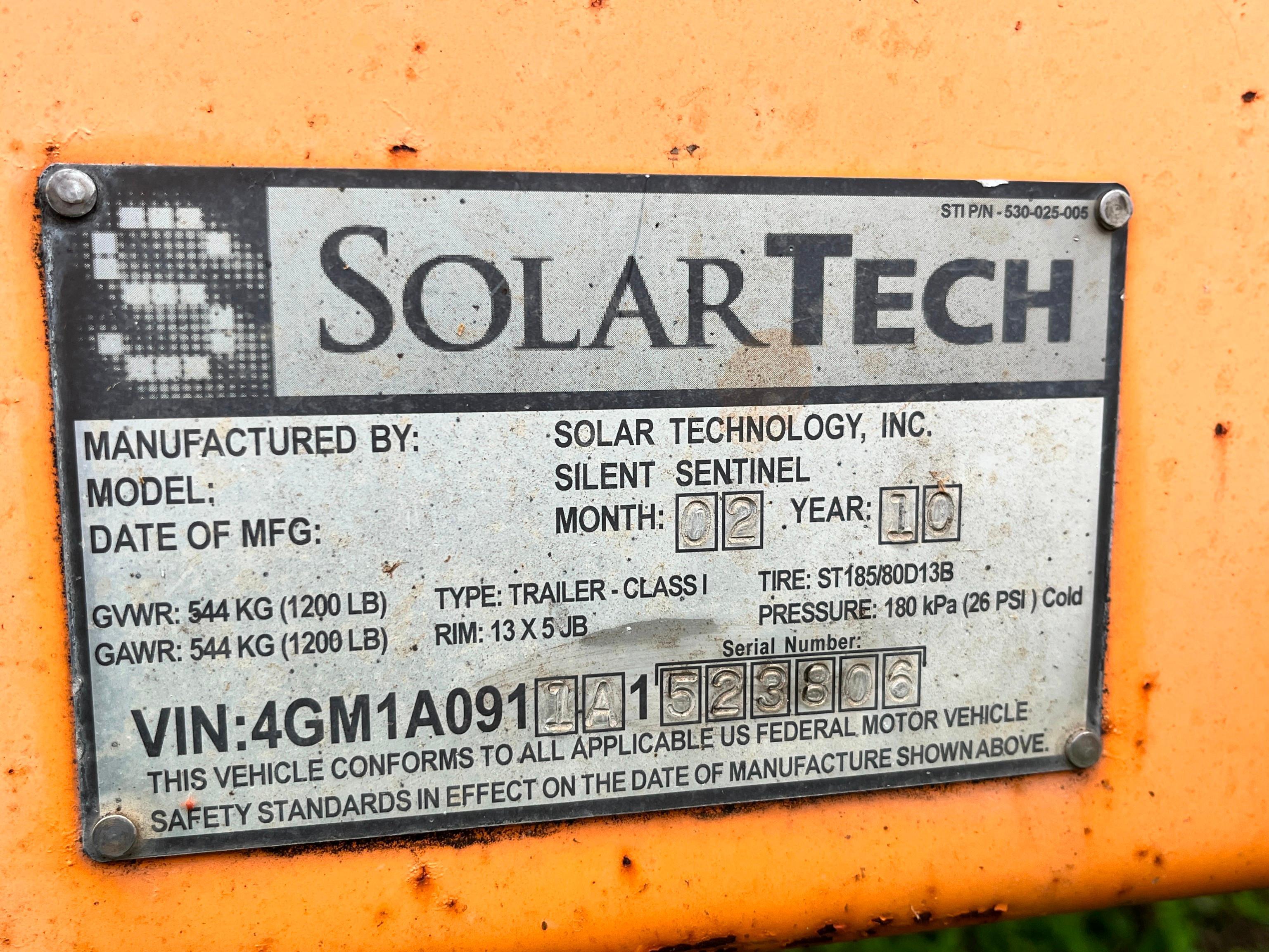 2010 SOLAR TECH SILENT MESSENGER ARROW/MESSAGE BOARD VN:4GM1A0911A1523806 solar power, equipped with