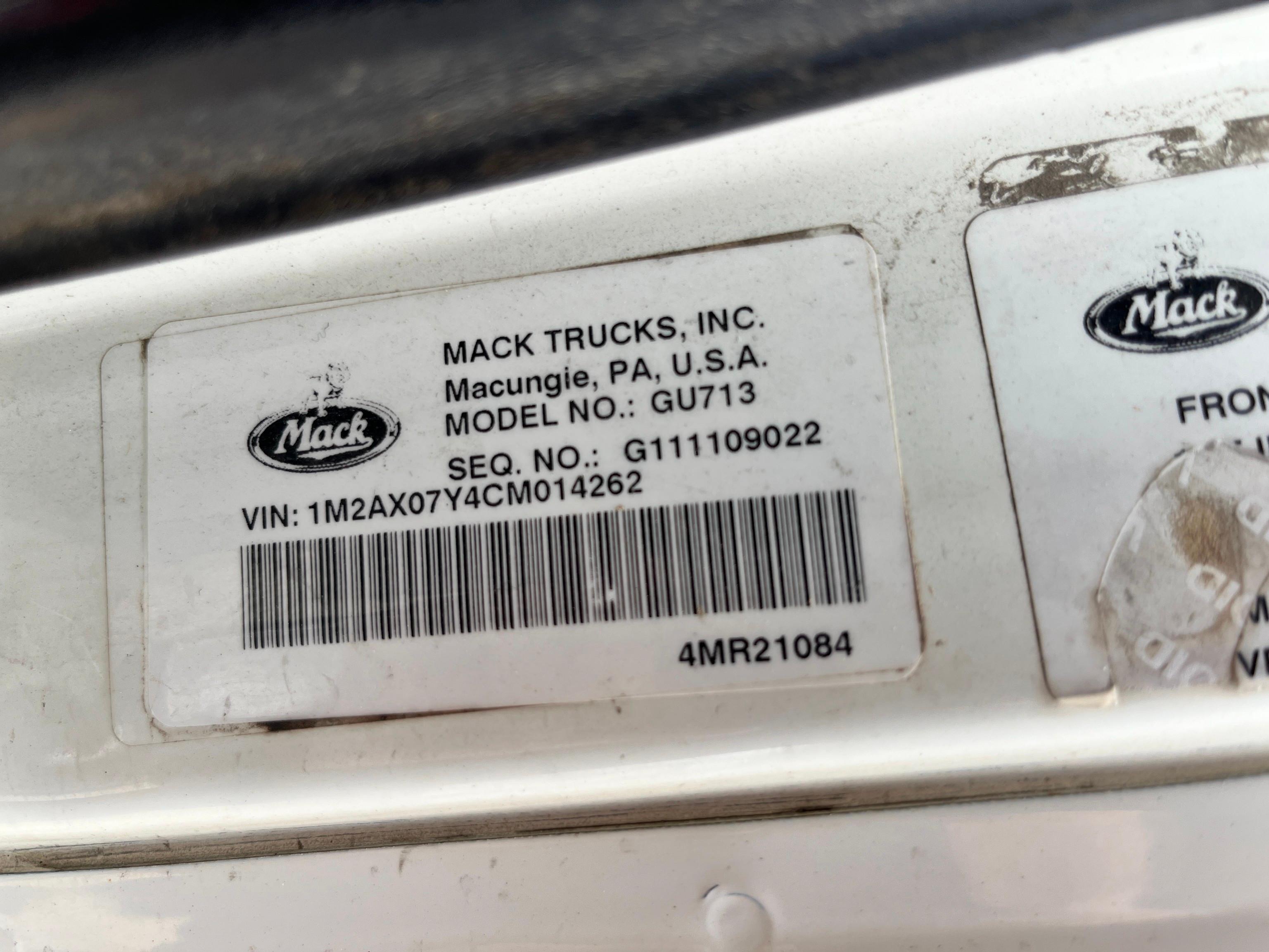 2012 MACK GU713 TRUCK TRACTOR VN:1M2AX07Y4CM014262 powered by Mack MP8-505C diesel engine, equipped