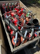 CRATE OF 40 LARGE FIRE EXTINGUISHERS SUPPORT EQUIPMENT ALL EXTINGUISHERS SHOW FULL CHARGE