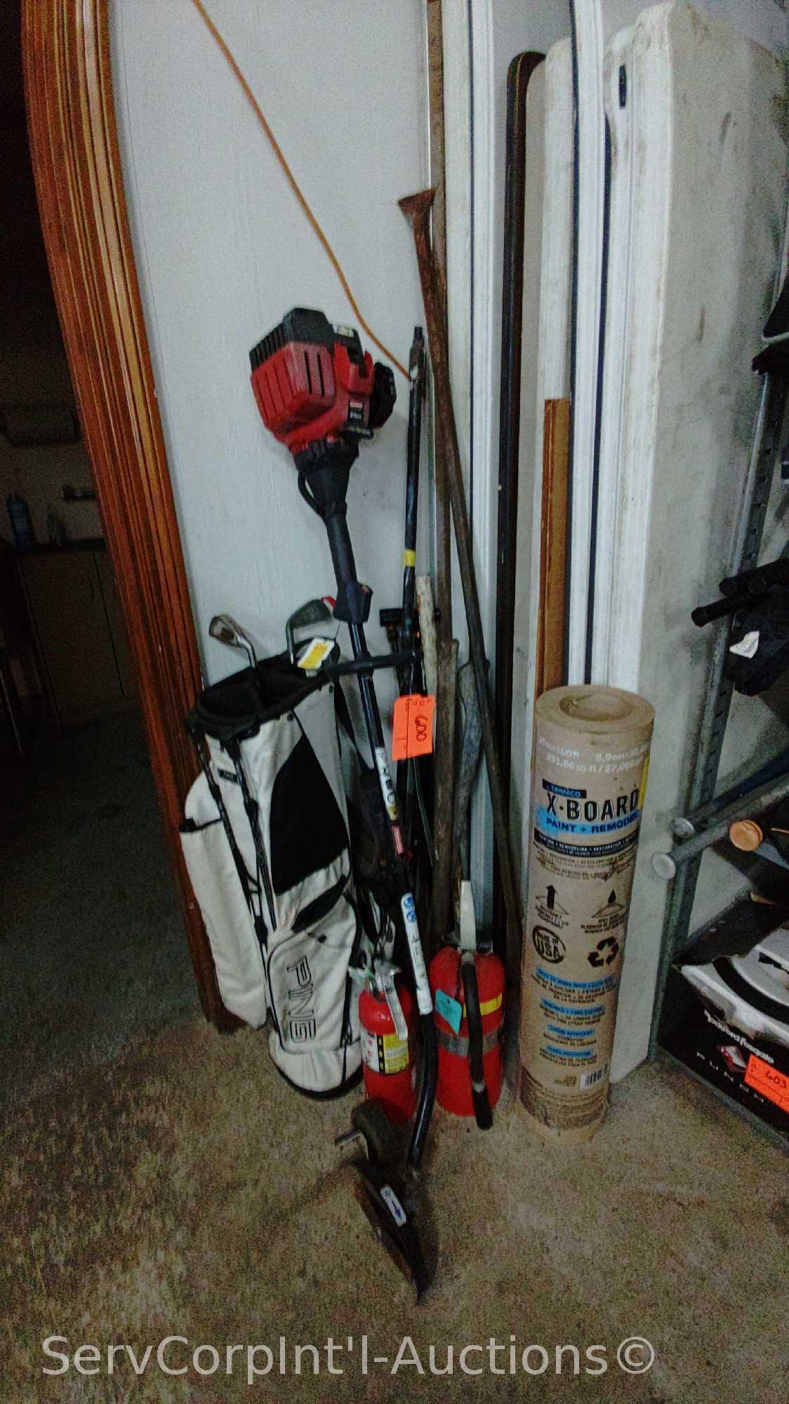 Lot of Axes, Golf Clubs, Fire Extinguishers, Craftsman Weed Trimmer, Replacement Handle, Pry Bars