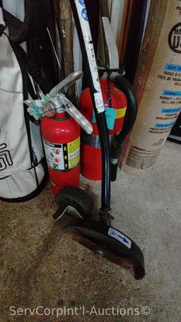 Lot of Axes, Golf Clubs, Fire Extinguishers, Craftsman Weed Trimmer, Replacement Handle, Pry Bars