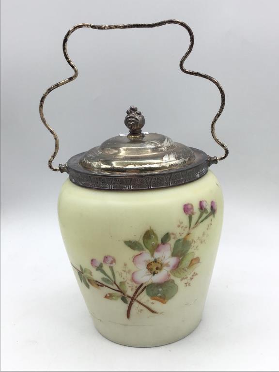 Floral Painted Biscuit Jar w Handle & Lid