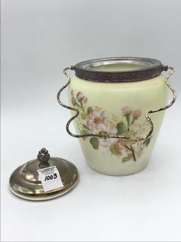 Floral Painted Biscuit Jar w Handle & Lid
