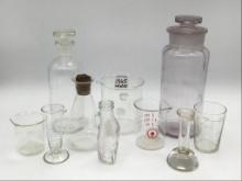 Lot of 10 Various Glass Druggist Bottles & Beakers