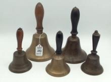 Lot of 5 Various School Bells-Mostly Brass