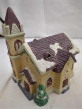 CHRISTMAS VILLAGE CHURCH 8" AT STEEPLE. HAS CORD BUT DOES NOT WORK. COULD NEED BULB OR FUSE.