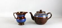 Antique Pitcher in Jersey Earthenware & Blue Stripes Brown Betty Teapot