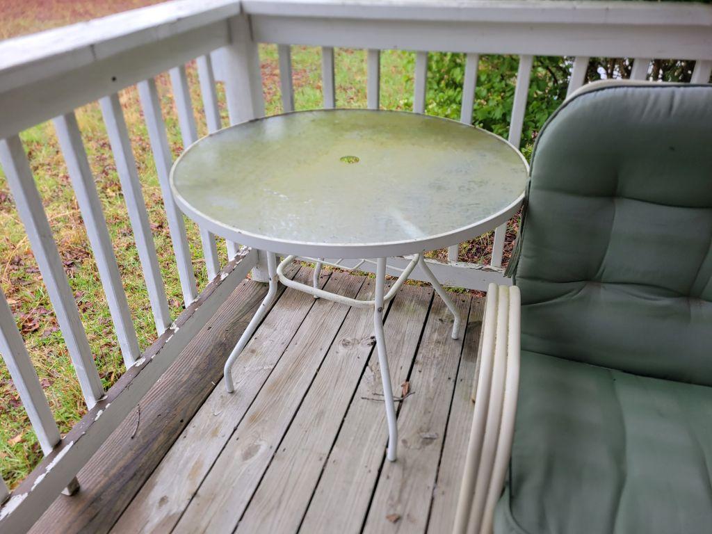PATIO FURNITURE (SWING, TABLE, SIDE TABLES, AND CHAIRS)