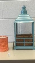 LANTERN PLANTER, PEACH CANDLE WITH CHICKEN DESIGN THESE ARE NEW SURPLUS ITE