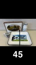 COW MUG, WHITE AND BLUE JAR, COW SIGN, COW LICENSE PLATE, METAL TRAY THESE