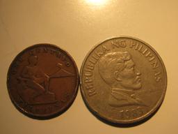 Foreign Coins: 1939 Philippines (WWII Under USA Protective) 1 Centavo & 1983 1 Piso