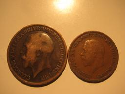 Foreign Coins: Great Britain 1919 Penny & 19291/2 Penny