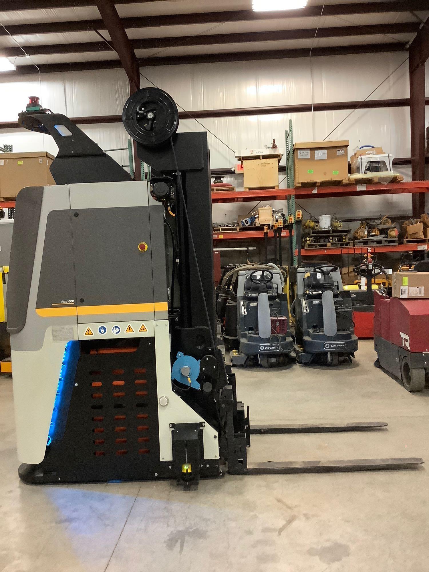 DEMATIC AUTOMATED FLEX FORK 1600 QUAD MAST FORKLIFT, ELECTRIC, APPROX MAX CAPACITY 3,500 LBS