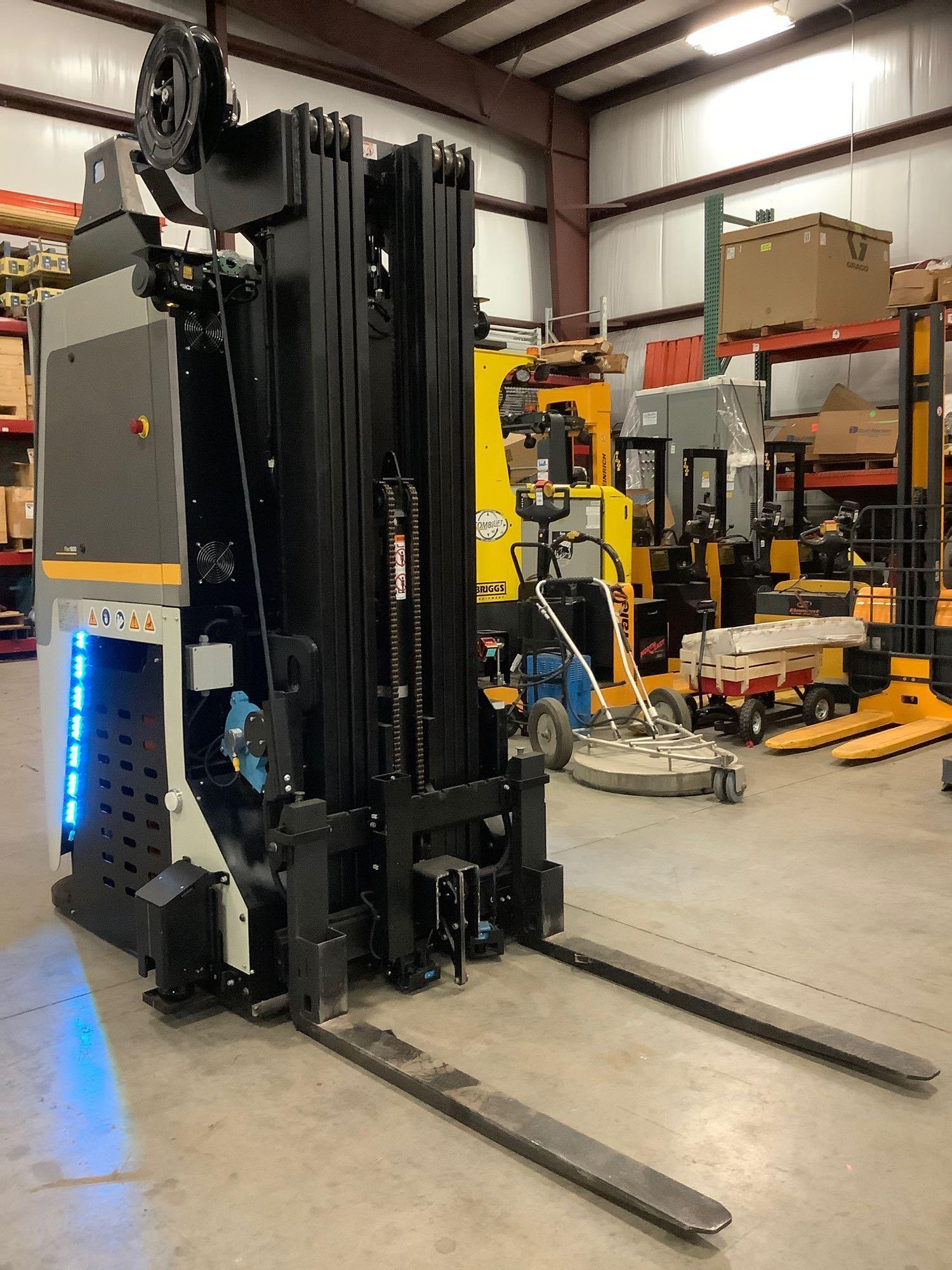 DEMATIC AUTOMATED FLEX FORK 1600 QUAD MAST FORKLIFT, ELECTRIC, APPROX MAX CAPACITY 3,500 LBS
