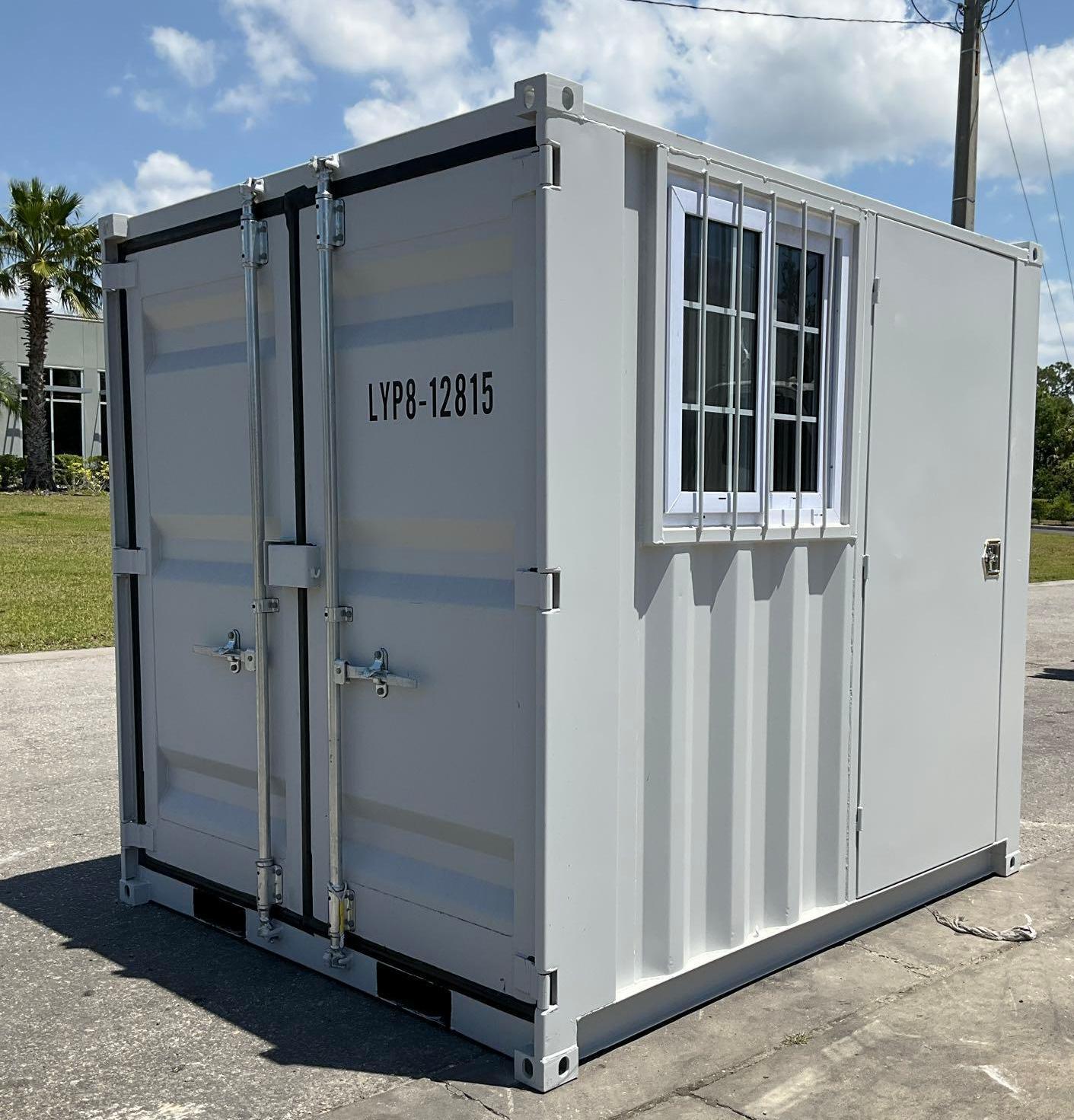 8FT OFFICE / STORAGE CONTAINER, FORK POCKETS WITH SIDE DOOR ENTRANCE & SIDE WINDOW, APPROX 86in T...