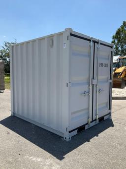 8FT OFFICE / STORAGE CONTAINER, FORK POCKETS WITH SIDE DOOR ENTRANCE & SIDE WINDOW, APPROX 86in T...