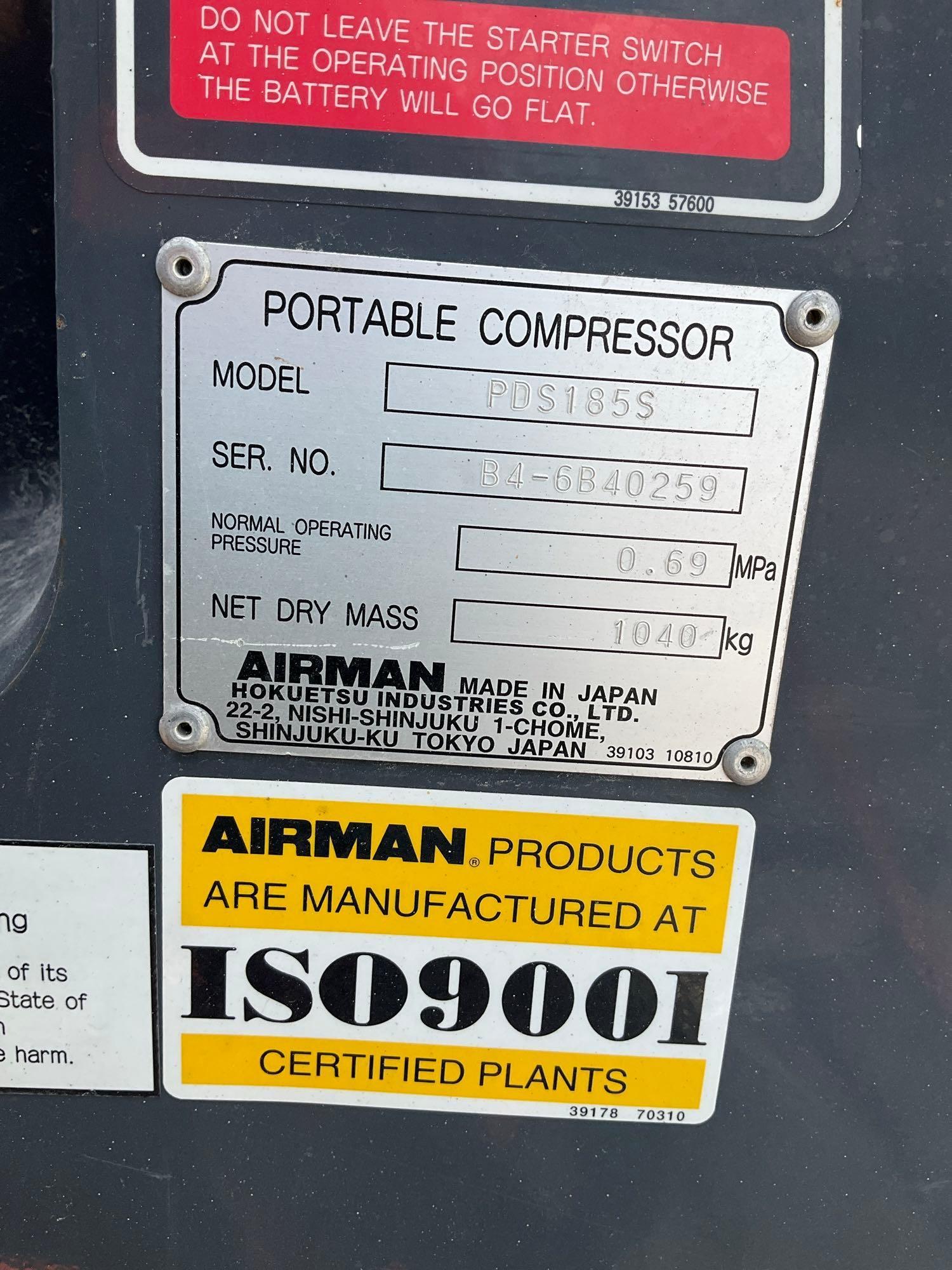 AIRMAN...PDS185S... PORTABLE COMPRESSOR, DIESEL, TRAILER MOUNTED, NEW BATTERY LOW HRS, RUNS & OPE...