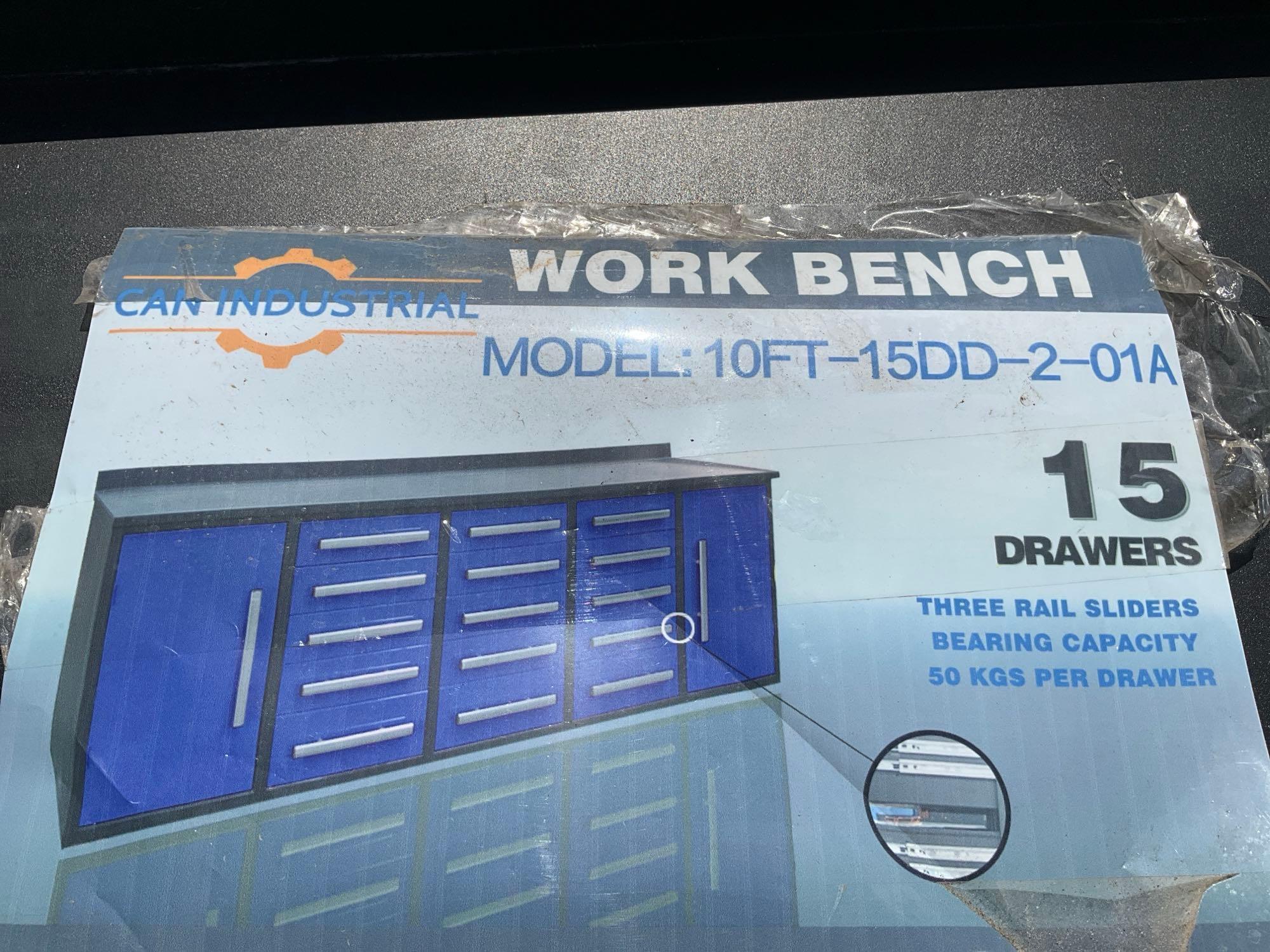 UNUSED CAN INDUSTRIAL WORK BENCH MODEL 10FT-15DD-2-01A, 10FT, 15 DRAWERS,...THREE RAIL SLIDERS