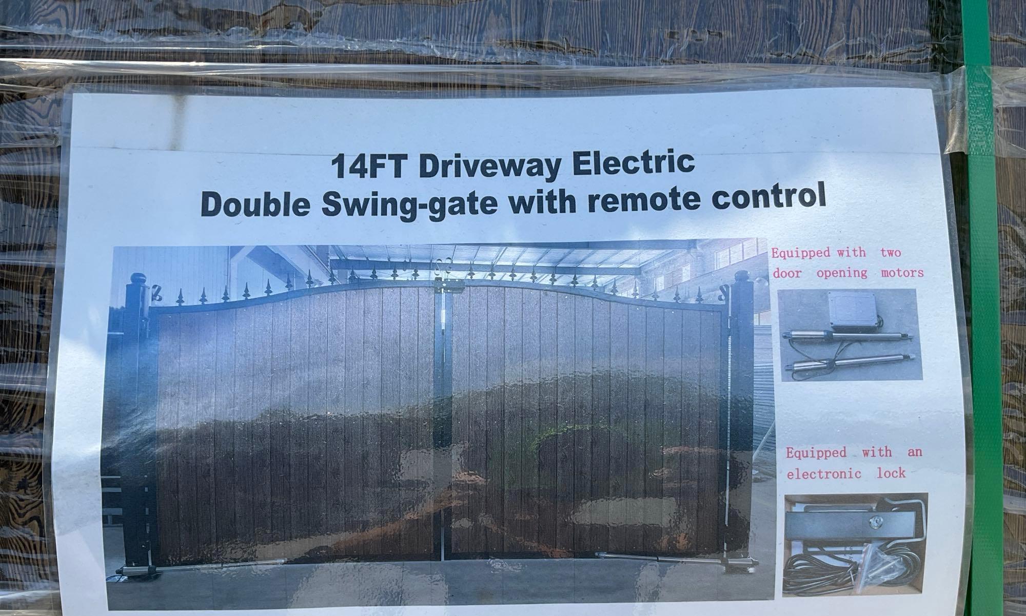 UNUSED 14FT DRIVEWAY ELECTRIC DOUBLE SWING GATE, 2 PIECES PER SET, REMOTE CONTROL INCLUDED ( PLEASE