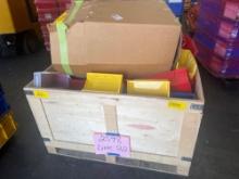 LARGE WOODEN CRATE FILLED WITH ASSORTED INDUSTRIAL STORAGE BINS & BOX OF UNUSED DURHAM BINS