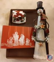 Christmas glass angel candle holders, snowman, and christmas house