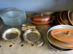 Shelf Lot of Glass Ashtrays, Plates, Copper Clad Pans and More from King Cole Restaurant