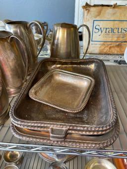 Shelf Lot of Victors Co Silver Soldered Water Pitchers and Serving Trays from King Cole Restaurant