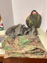 Hunting Lot Incl Realtree Camo Rain Pants Size XXL, Seat and Double Canvas Bag