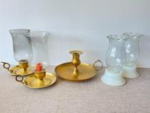 Group of Brass and Milk Glass Candle Holders