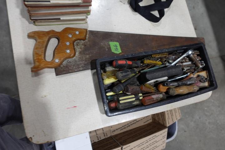 TOOL LOT INCLUDING SCREWDRIVERS DRILL BITS RATCHETS HAND SAW AND MORE