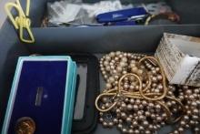 BOX LOT WITH COSTUME JEWELRY AND POCKET KNIVES