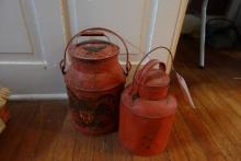 TWO SMALL RED MILK CANS APPROX 12 INCH AND 11 INCH