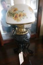 ANTIQUE WROUGHT IRON BASE CONVERTED OIL LAMP WITH HAND PAINTED SHADE 27 INC