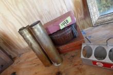 TABLE LOT INCLUDING SILVER CASE BRASS CANNON SHELLS SEWING CASE ETC