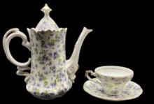 Lofton Violet Chintz Tea Pot, Tea Cup, and Saucer