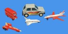 Vintage Miniature Toy Cars, Plane, Space Ship, Bus