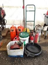 Fuel Cans, Funnels, Hand Cart, and Fire Extinguishers