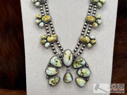 Native American Sterling Silver Palomino Turquoise Squash Blossom Set, 222g
