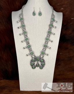 Native American Sterling Silver Turquoise Squash Blossom Set, 172g