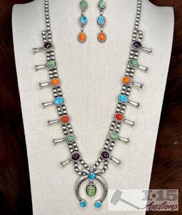 Native American Sterling Silver Multi-Stone Squash Blossom Set, 143g